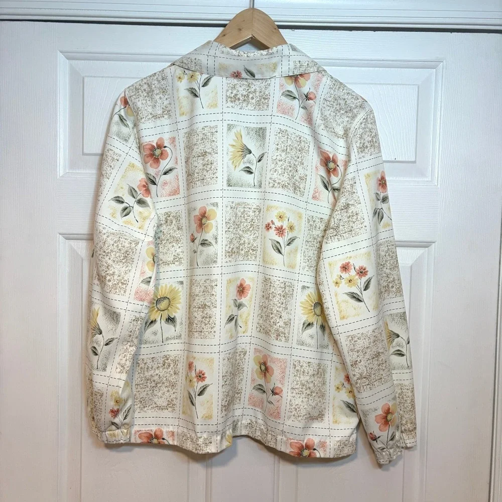 Alfred Dunner Womens 8 M Floral Zip Lightweight Jacket Cream Tan Cottage Grandma